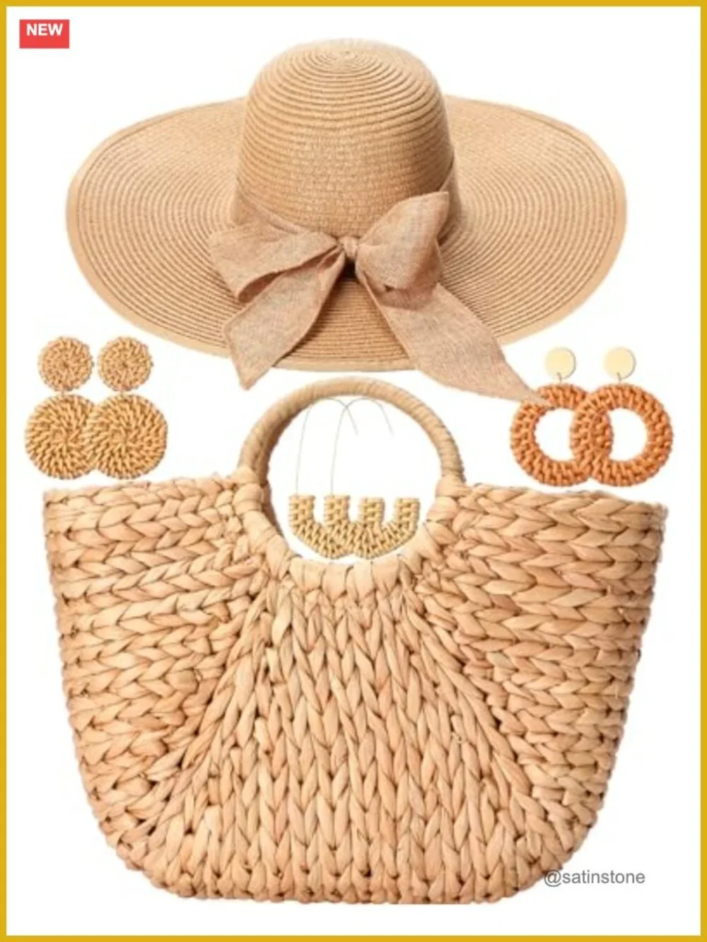 Straw Beach Bag and Hat Set with Earrings for Summer Vacation